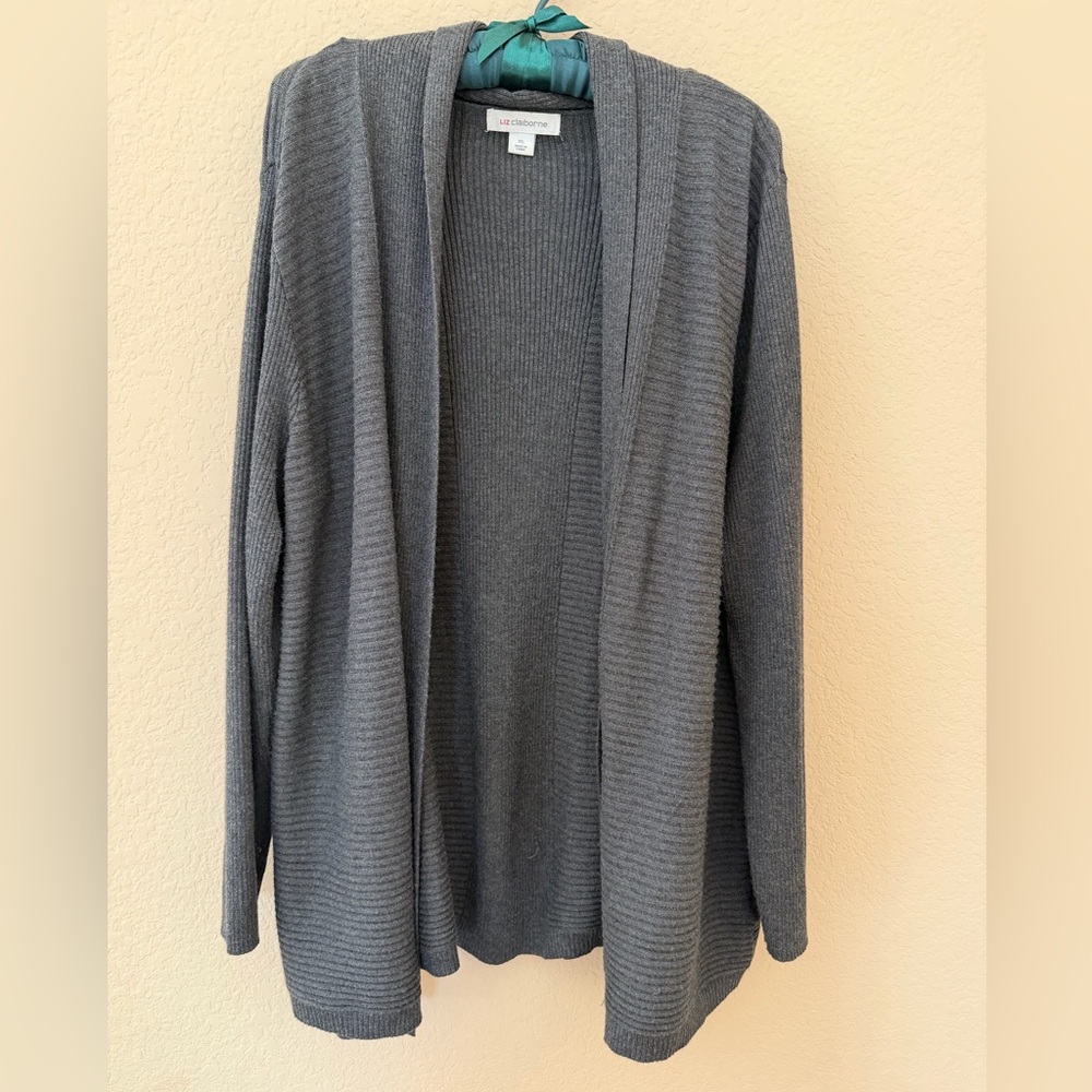 Liz Claiborne Gray Open-Front Ribbed Cardigan